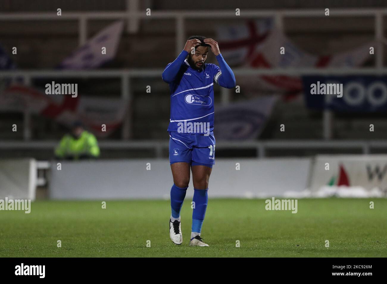 Ryan Johnson de Hartlepool s'est Uni lors du match de la Vanarama National League entre Hartlepool United et Solihull Moors à Victoria Park, Hartlepool, le mardi 9th février 2021. (Photo de Mark Fletcher/MI News/NurPhoto) Banque D'Images