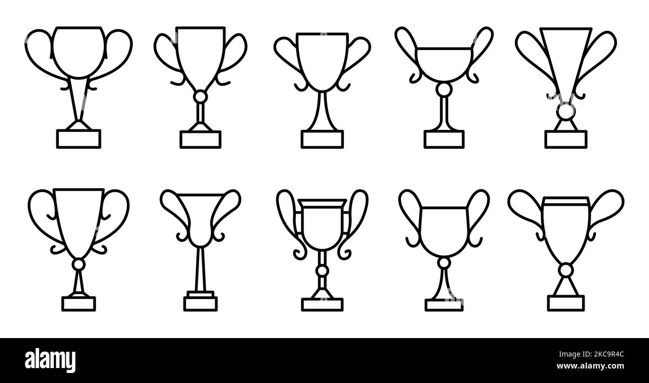 Ensemble d'icônes de la ligne noire du gobelet. Champion Gold. Trophée gagnant de différentes formes. Coupes de la victoire. Panneaux de dessin animé contour de tasse. Symbole du meilleur choix. Emblème du championnat isolé sur blanc Illustration de Vecteur