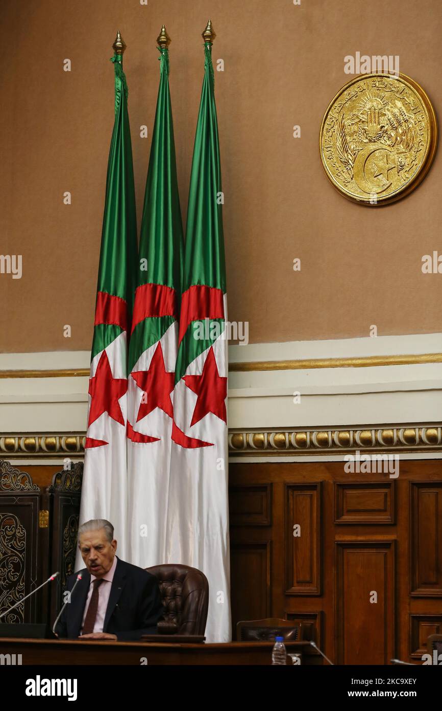 Salah Goudjil a été élu Président du Conseil de la Nation (Sénat) à Alger (Algérie) sur 24 février 2021, au cours d'une séance plénière. La majorité absolue des sénateurs a voté pour Salah Goudjil. (Photo par APP/NurPhoto) Banque D'Images