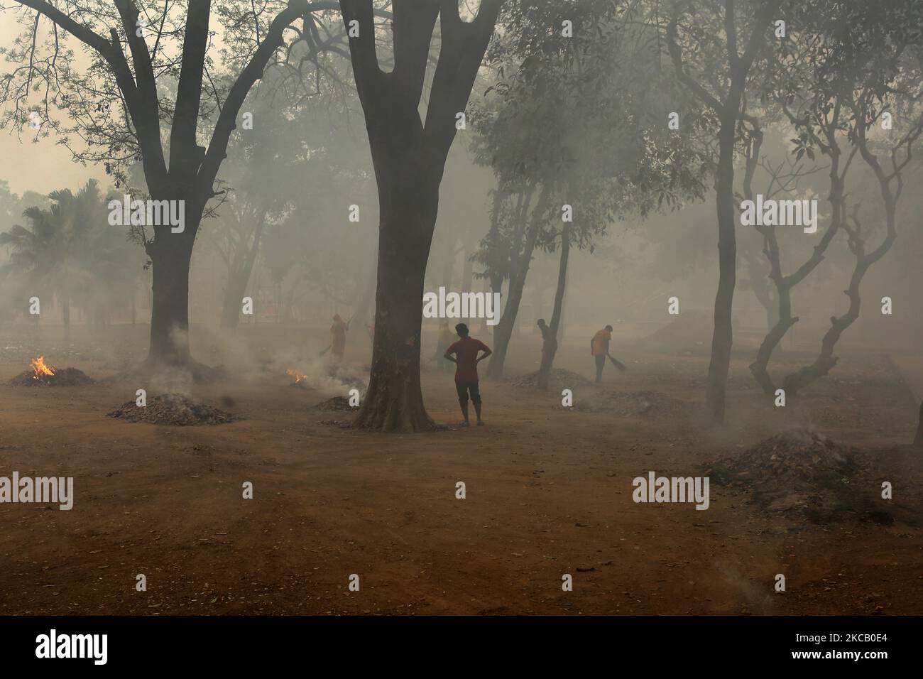 Les feuilles tombées sont considérées comme brûlantes tandis que les travailleurs nettoient un parc à Dhaka, au Bangladesh, sur 13 mars , 2021. (Photo de Syed Mahamudur Rahman/NurPhoto) Banque D'Images Les feuilles tombées sont considérées comme brûlantes tandis que les travailleurs nettoient un parc à Dhaka, au Bangladesh, sur 13 mars , 2021. (Photo de Syed Mahamudur Rahman/NurPhoto) Banque D'Images