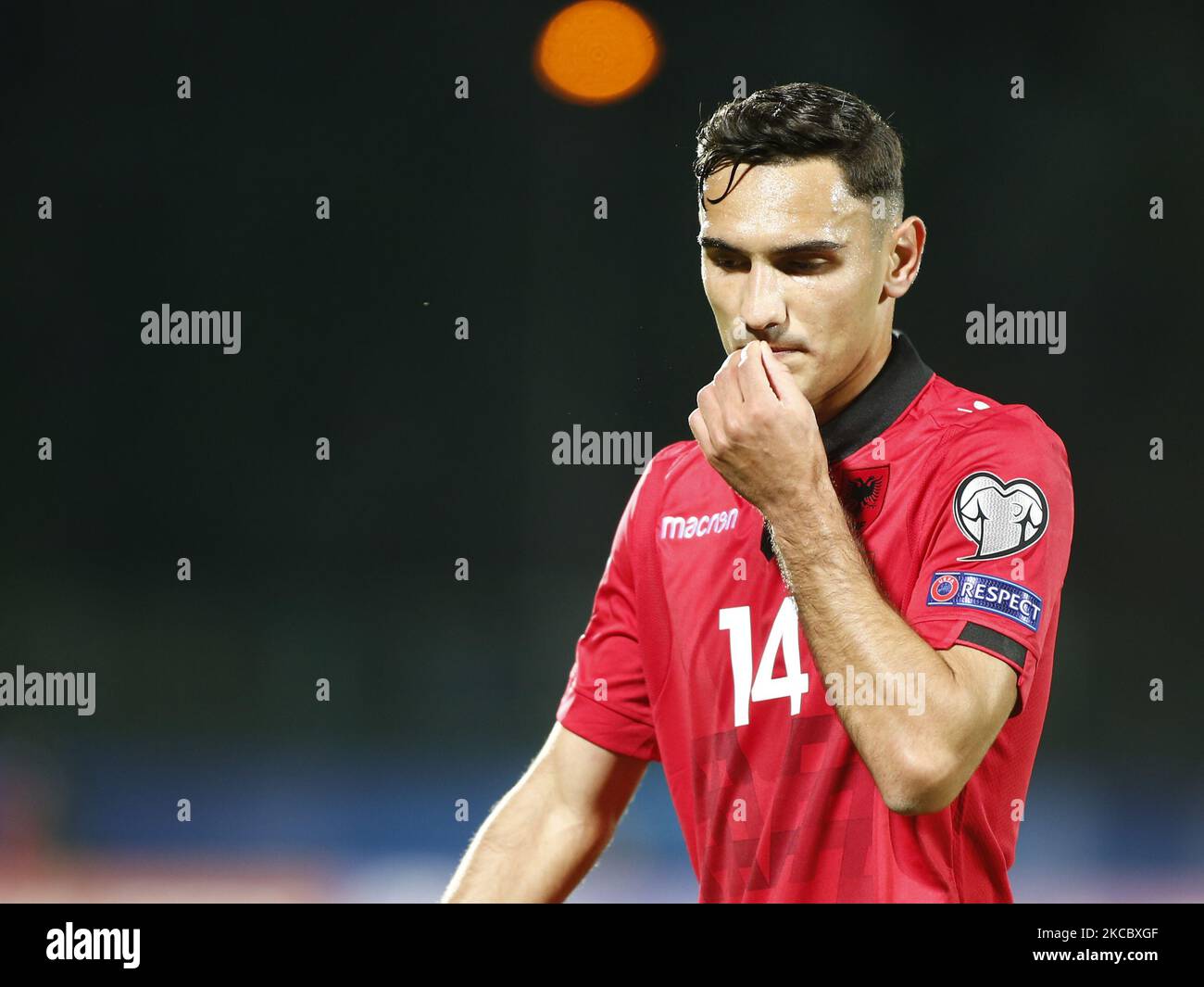 Qazim Laci pendant le match pour se qualifier pour la coupe du monde de football 2022 entre Saint-Marin et l'Albanie, à Saint-Marin, sur 31 mars 2021 (photo de Loris Roselli/NurPhoto) Banque D'Images