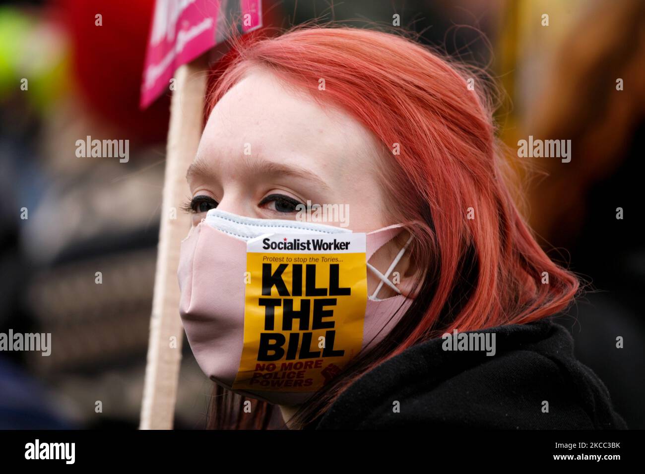 Les activistes manifestent contre les nouveaux pouvoirs de police proposés dans le projet de loi sur la police, le crime, la peine et les tribunaux du gouvernement lors d'une manifestation « tuer le projet de loi » à Hyde Park à Londres, en Angleterre, sur 3 avril 2021. Le projet de loi, qui est actuellement à l'étape du comité de son adoption à la Chambre des communes, permettrait à la police d'imposer davantage de conditions aux manifestations statiques en Angleterre et au pays de Galles, y compris des heures de début et de fin fixes et des limites de bruit. En outre, cela fait qu'il s'agit d'une infraction de «causer intentionnellement ou imprudemment des nuisances publiques». (Photo de David Cliff/NurPhoto) Banque D'Images