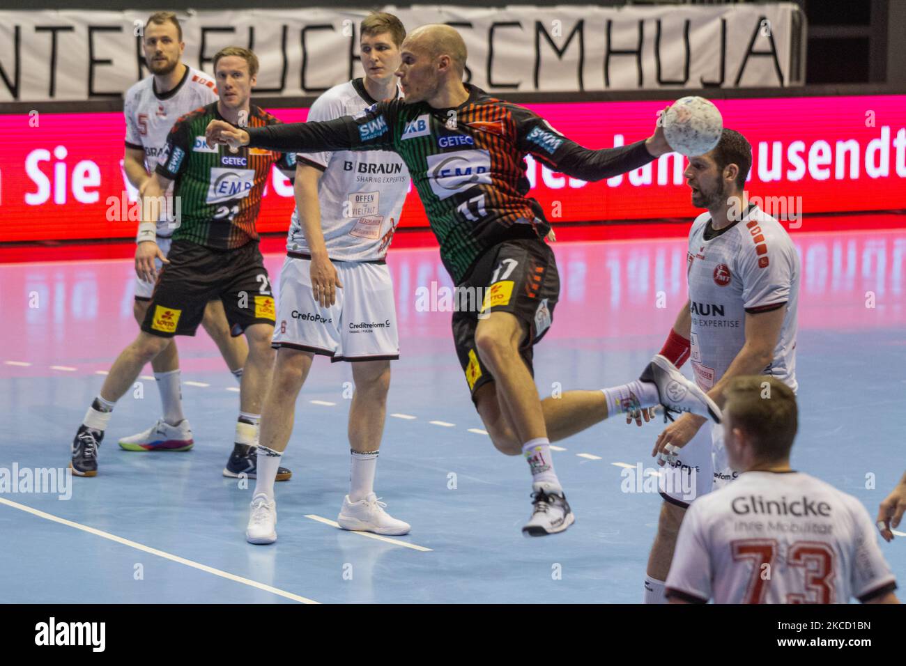 Tim Hornke de SC Magdeburg pendant le MATCH DE HANDBALL-Bundesliga LIQUI MOLY entre SC Magdeburg et MT Melsungen à la GeTEC-Arena sur 18 avril 2021 à Magdeburg, Allemagne. (Photo de Peter Niedung/NurPhoto) Banque D'Images