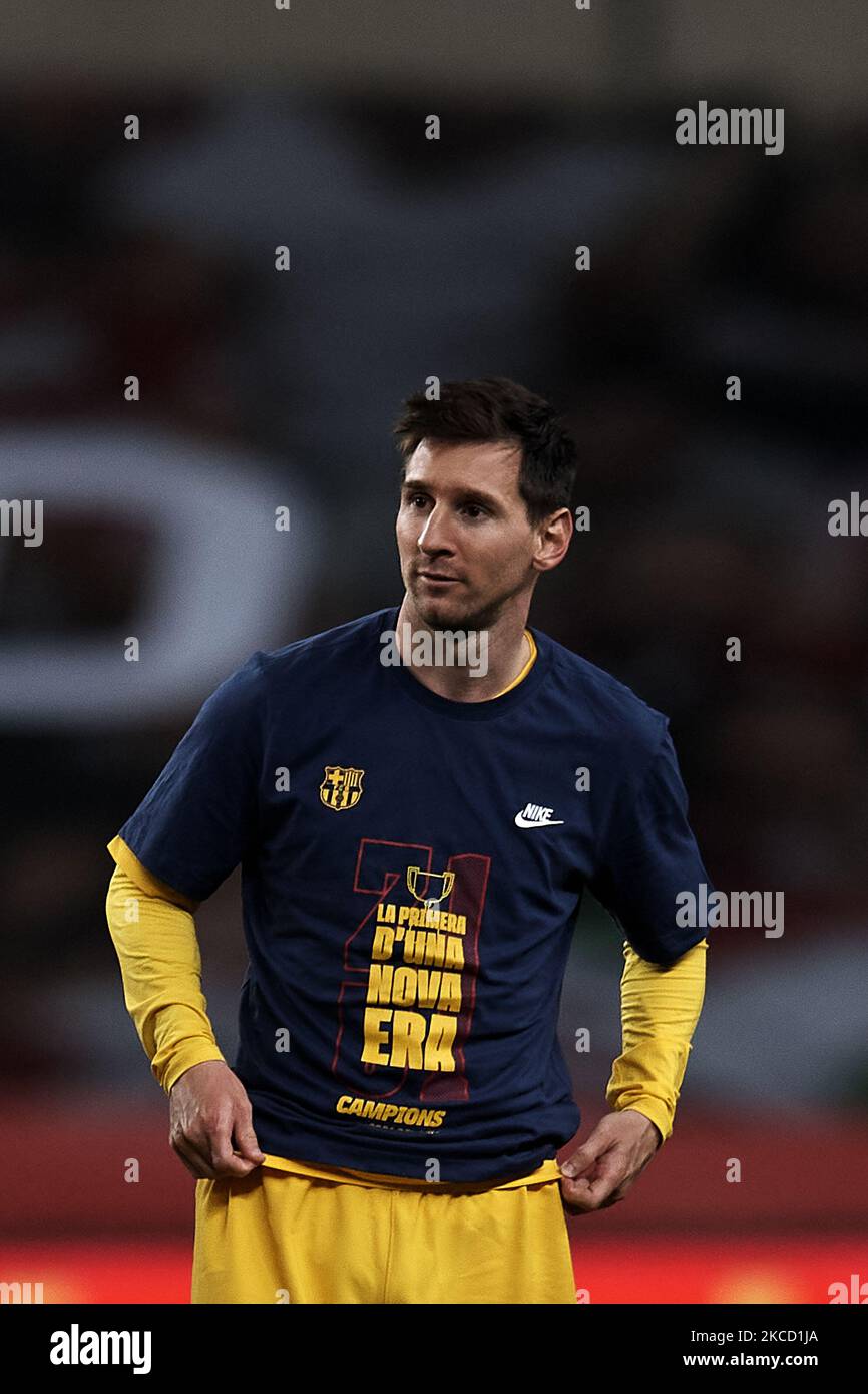 Lionel Messi de Barcelone avec le maillot de célébration avec le slogan "le  premier d'une nouvelle ère" en cours de la rencontre finale de Copa del Rey  entre le club d'athlétisme et