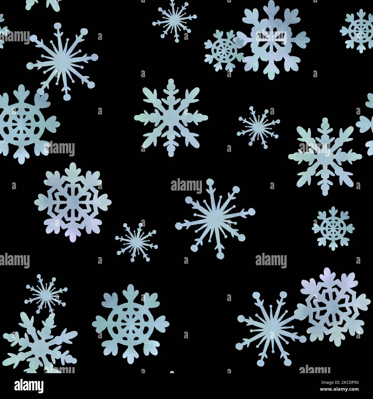 Modèle de nouvelle année. Motif flocon de neige aquarelle sans couture avec flocons texturés dessinés à la main sur fond noir. Banque D'Images