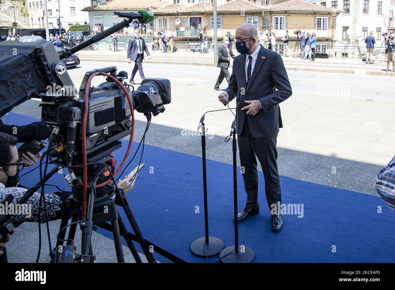 Le président de la Commission européenne, Charles Michel, s'adresse au sommet presse.social de la Commission européenne à Porto, auquel ont participé plusieurs premiers ministres, à 7 mai 2021, Porto, Portugal. (Photo de Rita Franca/NurPhoto) Banque D'Images