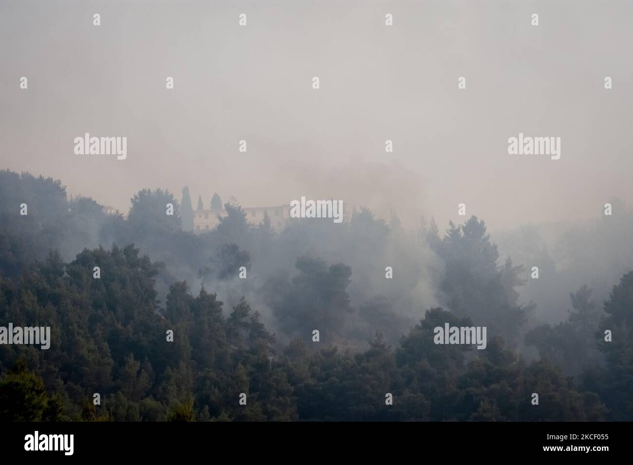 Feu de forêt dans la préfecture de Corinthe, dans les montagnes de Gerania 75km, à l'extérieur d'Athènes, en Grèce, sur 20 mai 2021. (Photo de Nikolas Kokovovlis/NurPhoto) Banque D'Images