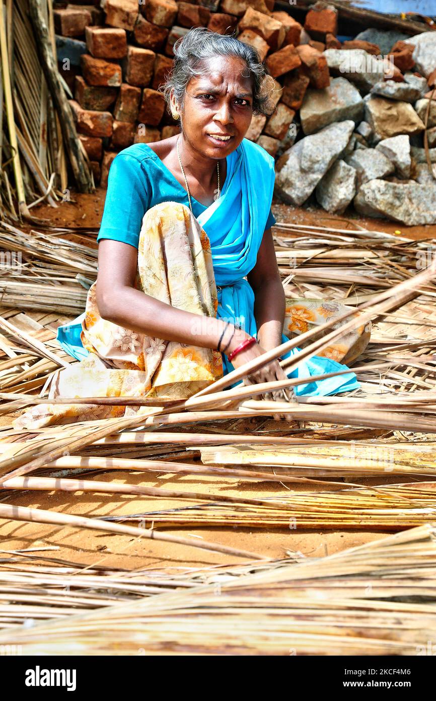 Femme du village en tissage de murs pour sa maison rurale à partir de feuilles de palmier dans le village de Sokkankudiaruppu à Tamil Nadu, Inde. La plupart des maisons sont construites de boue et de feuilles de palmier avec des poutres en bois pour le soutien. (Photo de Creative Touch Imaging Ltd./NurPhoto) Banque D'Images