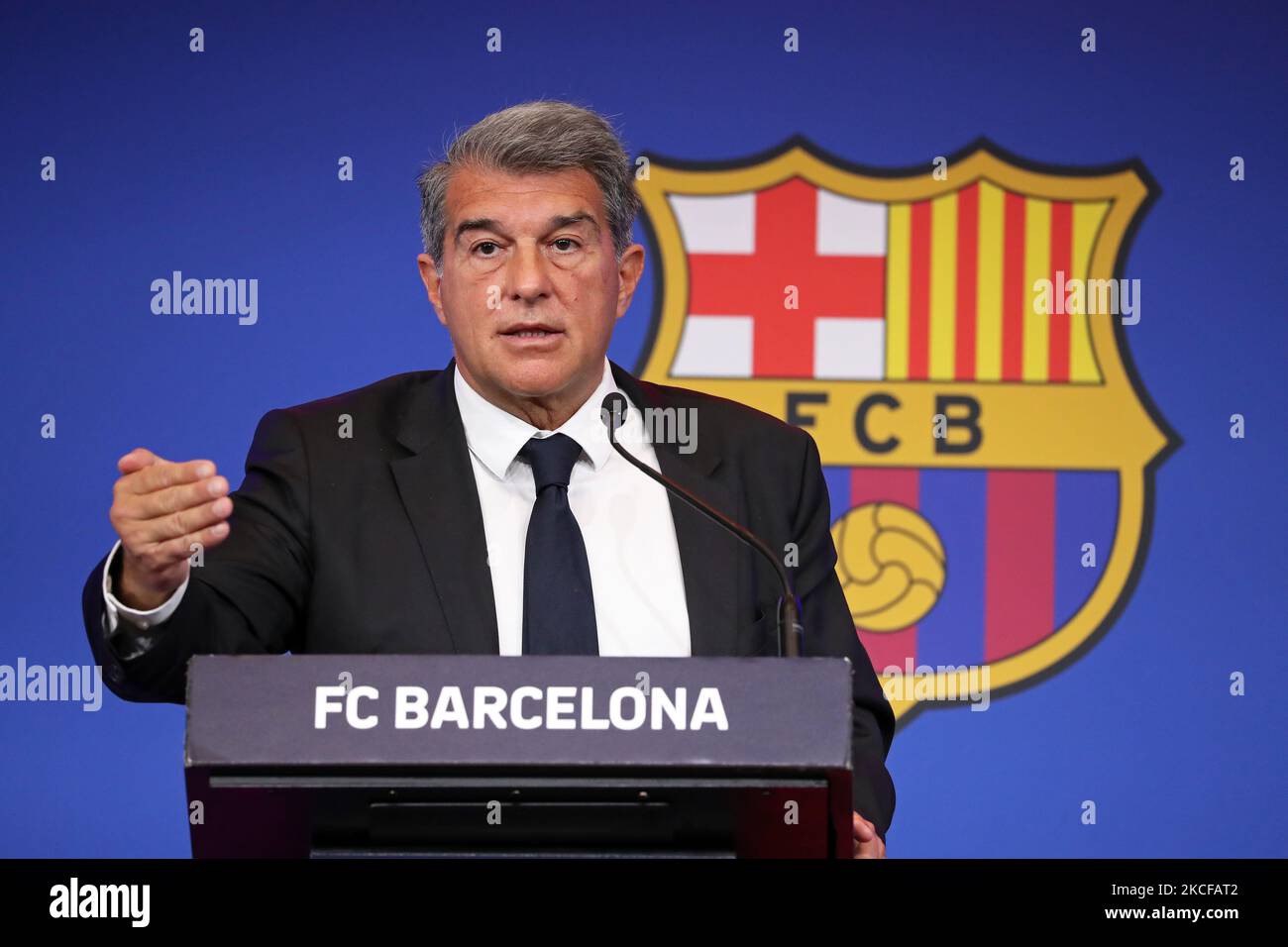 Le Président du FC Barcelone se présente à une conférence de presse pour exposer la situation des zones économiques et sportives du club, le 28th mai 2021, à Barcelone, en Espagne. (Photo de Joan Valls/Urbanandsport/NurPhoto) Banque D'Images