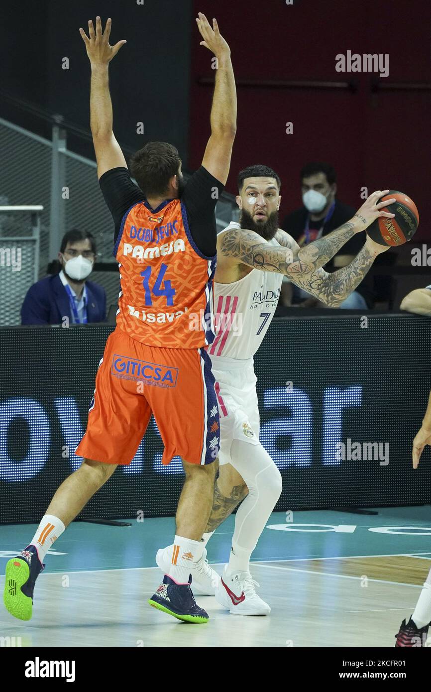 Alex Tyus du Real Madrid lors du premier match des demi-finales de la Ligue Endesa entre le Real Madrid et les Basketen de Valence au centre WiZink de Madrid, 6 juin 2021 (photo d'Oscar Gonzalez/NurPhoto) Banque D'Images