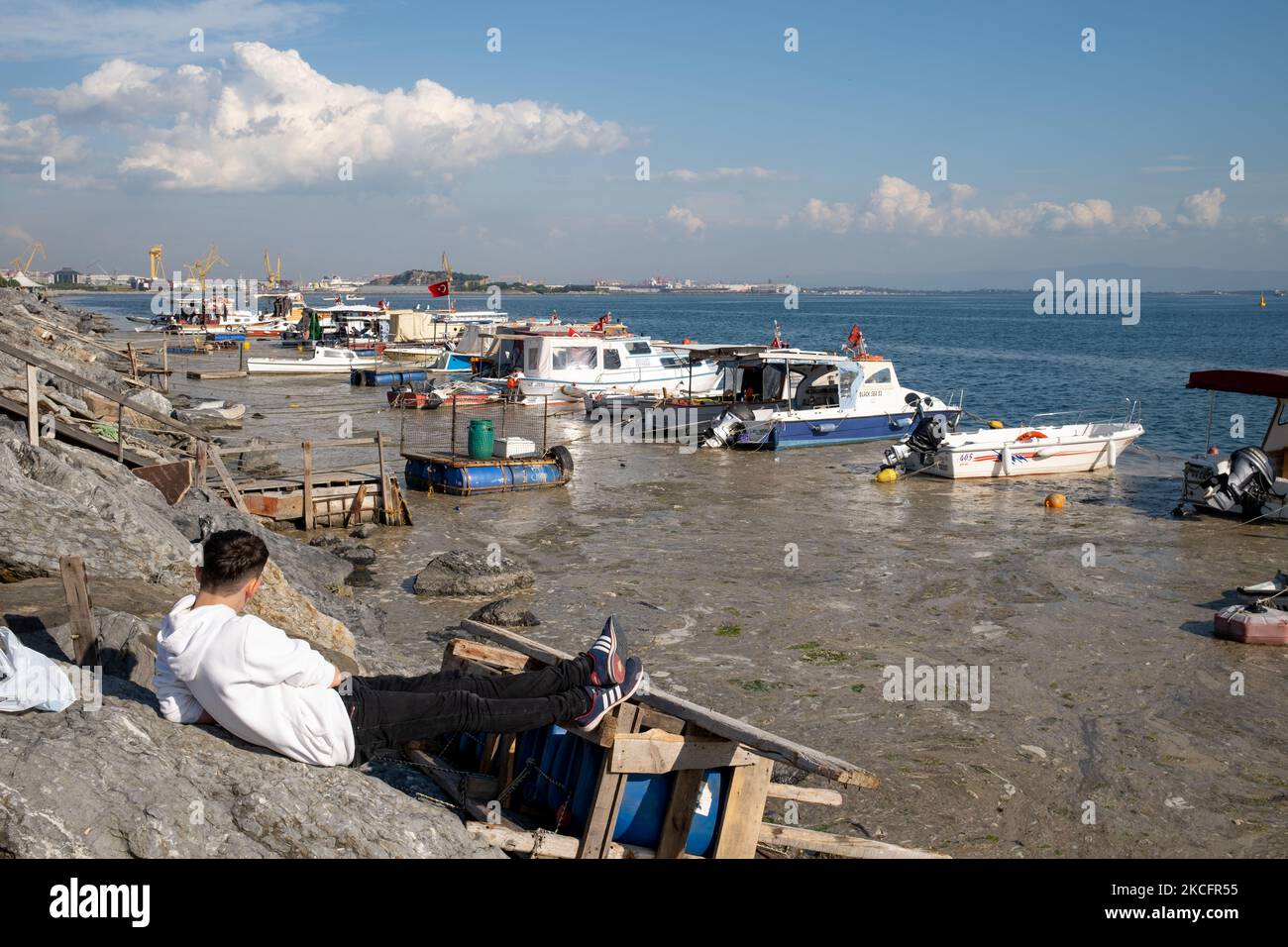 La surface de la mer de Marmara couverte de la mer de Snot (ou mucilage) vu à Istanbul, Turquie sur 4 juin 2021. Le snot de mer est une substance de type gelée formée par la prolifération excessive de plantes microscopiques appelées phytoplancton. La couche épaisse causée par le fluide visqueux ne peut pas être nettoyée malgré tous les efforts, et constitue une menace sérieuse pour la biodiversité de la mer de Marmara. (Photo par Erhan Demirtas/NurPhoto) Banque D'Images