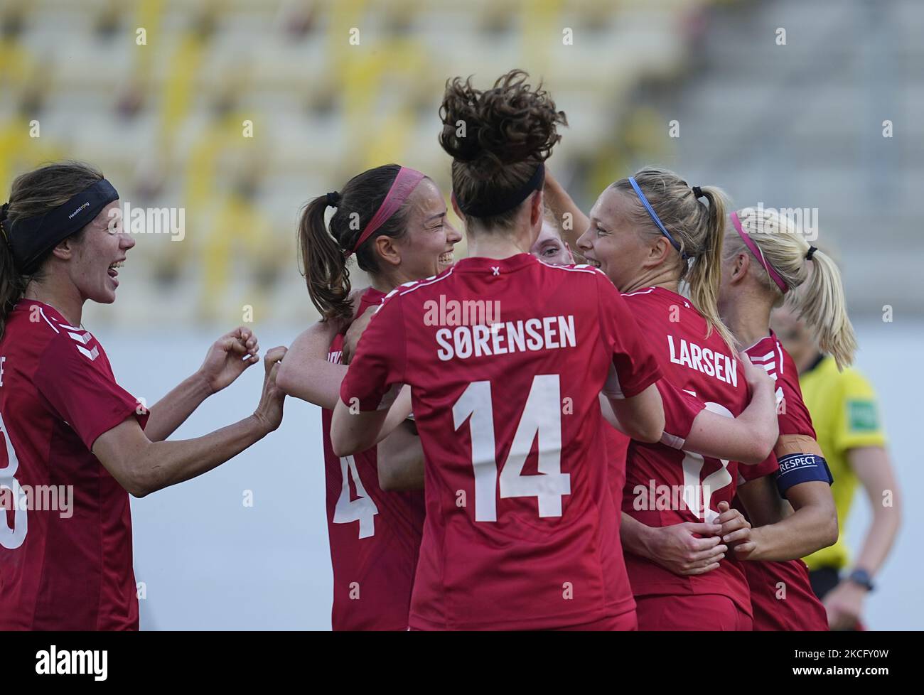 L'équipe danoise célèbre son premier but lors du match amical entre le Danemark et l'Australie au stade Horsens, à Horsens, au Danemark, sur 10 juin 2021. (Photo par Ulrik Pedersen/NurPhoto) Banque D'Images