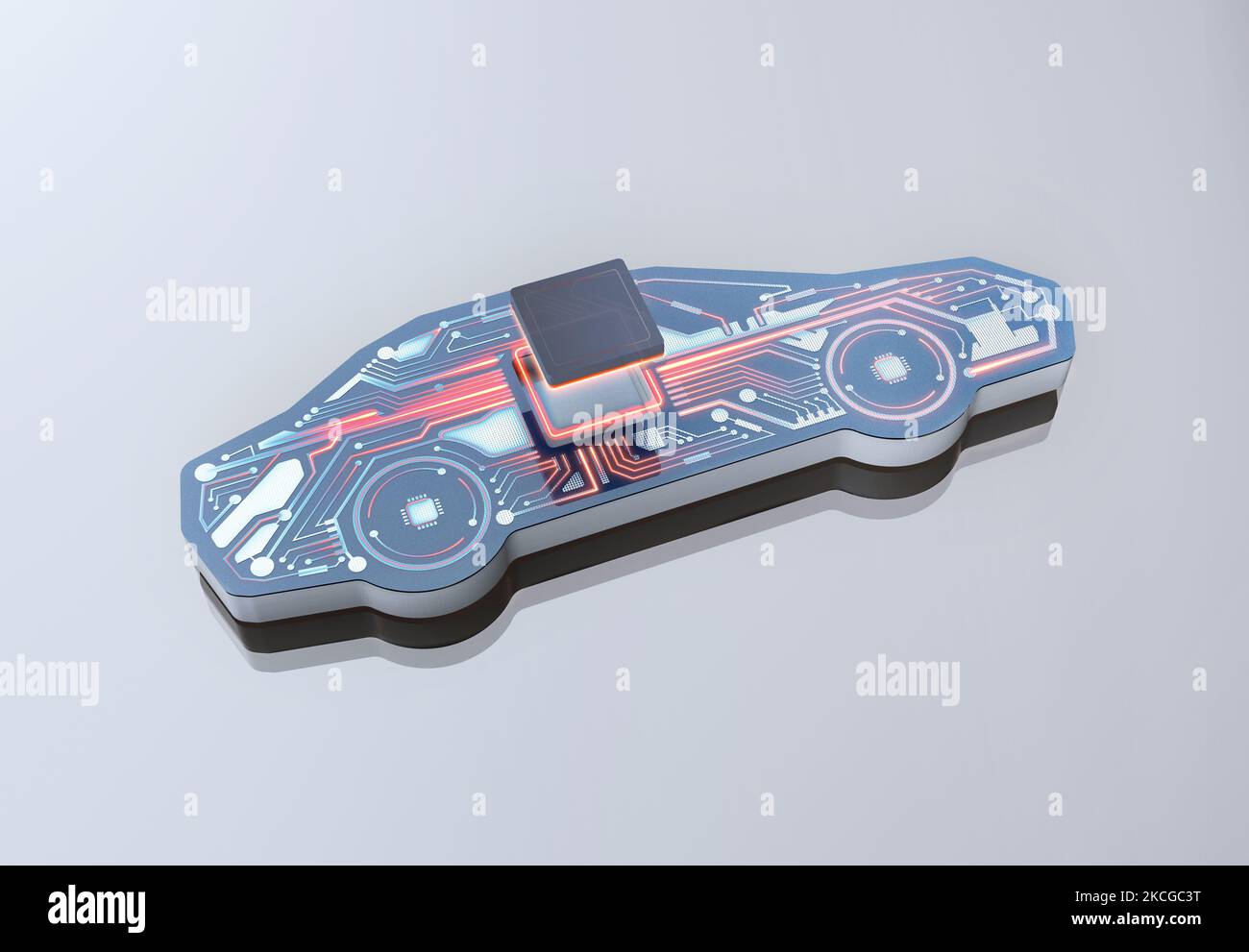 Industrie automobile concept de la technologie de conduite autonome et de pénurie de semi-conducteurs et schéma du circuit de la puce mémoire du processeur et du système électronique 3D Banque D'Images