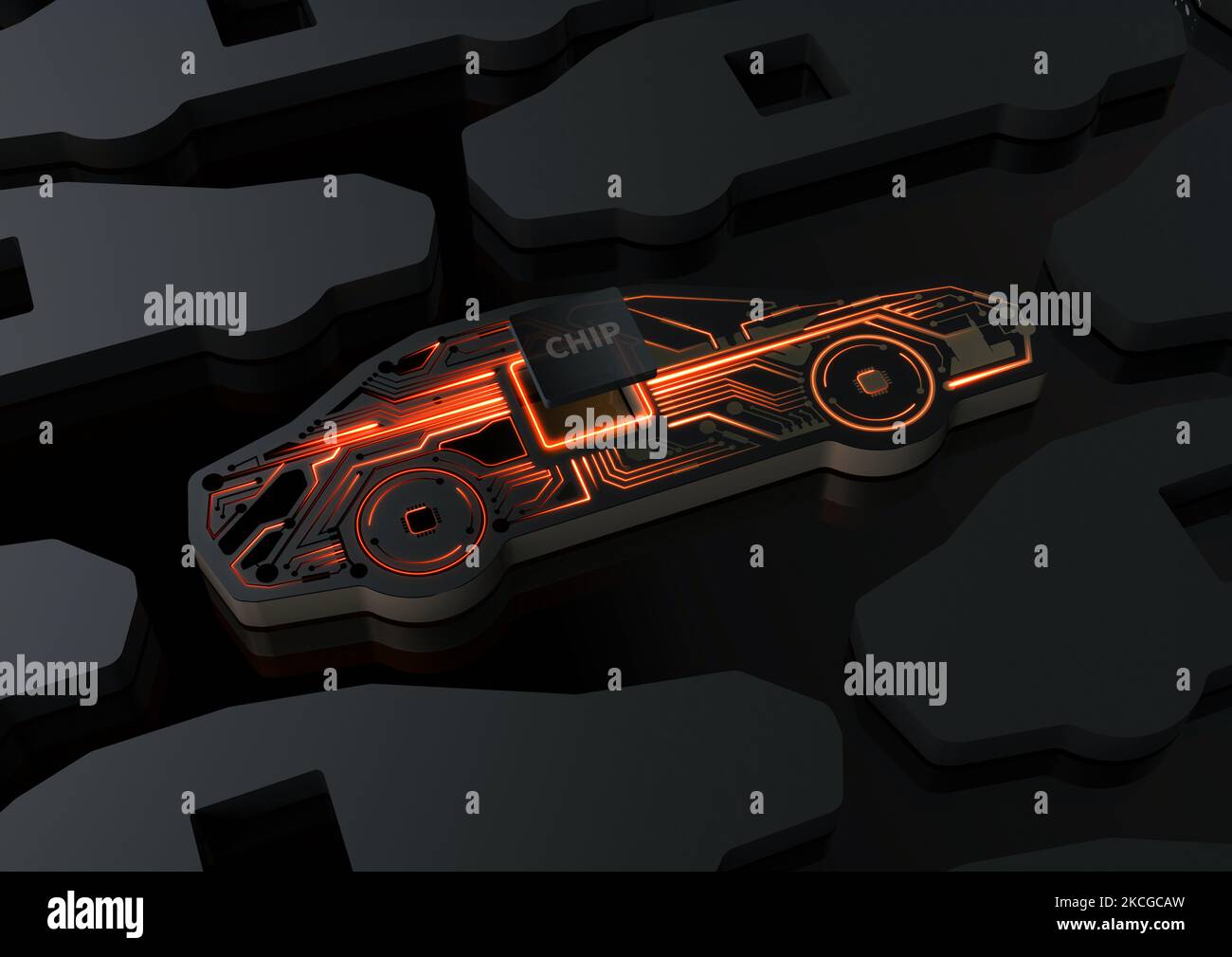 Industrie automobile concept de la technologie de conduite autonome et de pénurie de semi-conducteurs et schéma du circuit de la puce mémoire du processeur et du système électronique 3D Banque D'Images
