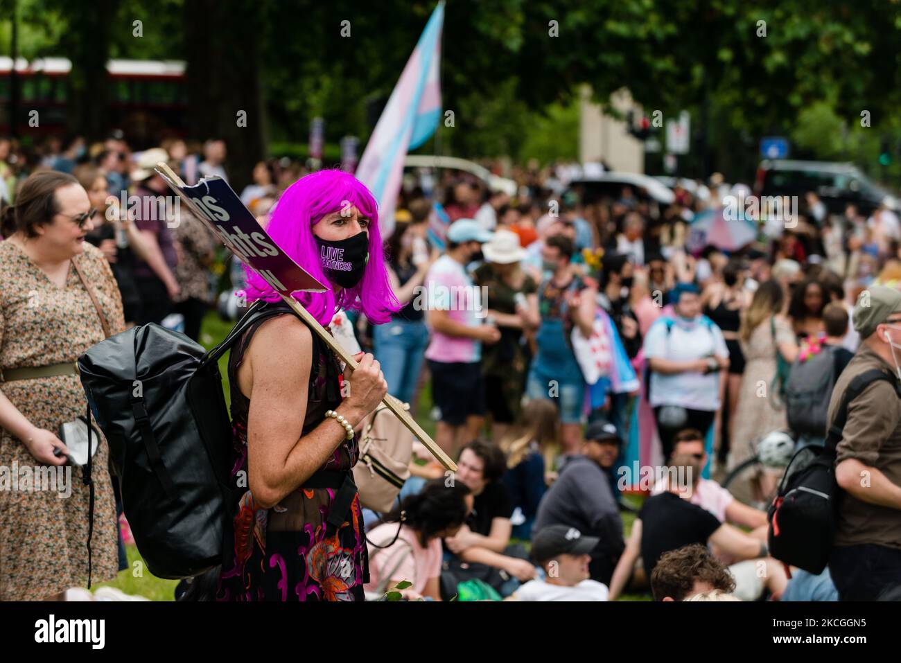 Manifestants lors de la Trans Pride de à Londres, Grande-Bretagne, 26 juin 2021. La London Trans+ Pride 2021 est une réponse directe aux projets des gouvernements conservateurs qui ont fui d'abandonner les réformes progressives de la loi sur la reconnaissance du genre, une mesure qui causera des dommages irréparables à la vie des personnes trans au Royaume-Uni (photo de Maciek Musialek/NurPhoto) Banque D'Images