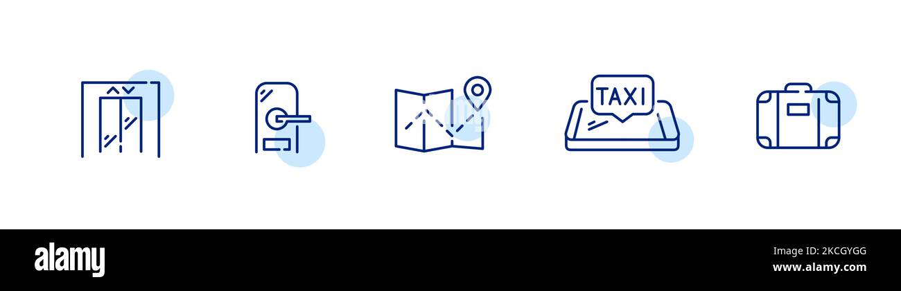 5 icônes d'hôtel. Ascenseur, serrure intelligente, emplacement, taxi et valise. Illustration de contour pixel Perfect, modifiable Illustration de Vecteur