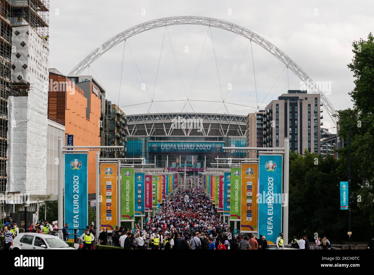 A View of Wembley Stadium à Londres, Grande-Bretagne, 7 juillet 2021. L'Angleterre a atteint les demi-finales du Championnat d'Europe de football de l'UEFA 2020 dans l'espoir de faire la finale pour la première fois dans l'histoire de la compétition. (Photo de Maciek Musialek/NurPhoto) Banque D'Images