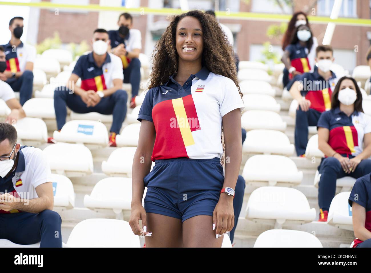 Maria Vicenteding le geste d'adieu de l'équipe olympique d'athlétisme avant sa participation aux Jeux Olympiques de Tokyo au stade Vallehermoso à Madrid, 22 juillet 2021 Espagne (photo d'Oscar Gonzalez/NurPhoto) Banque D'Images