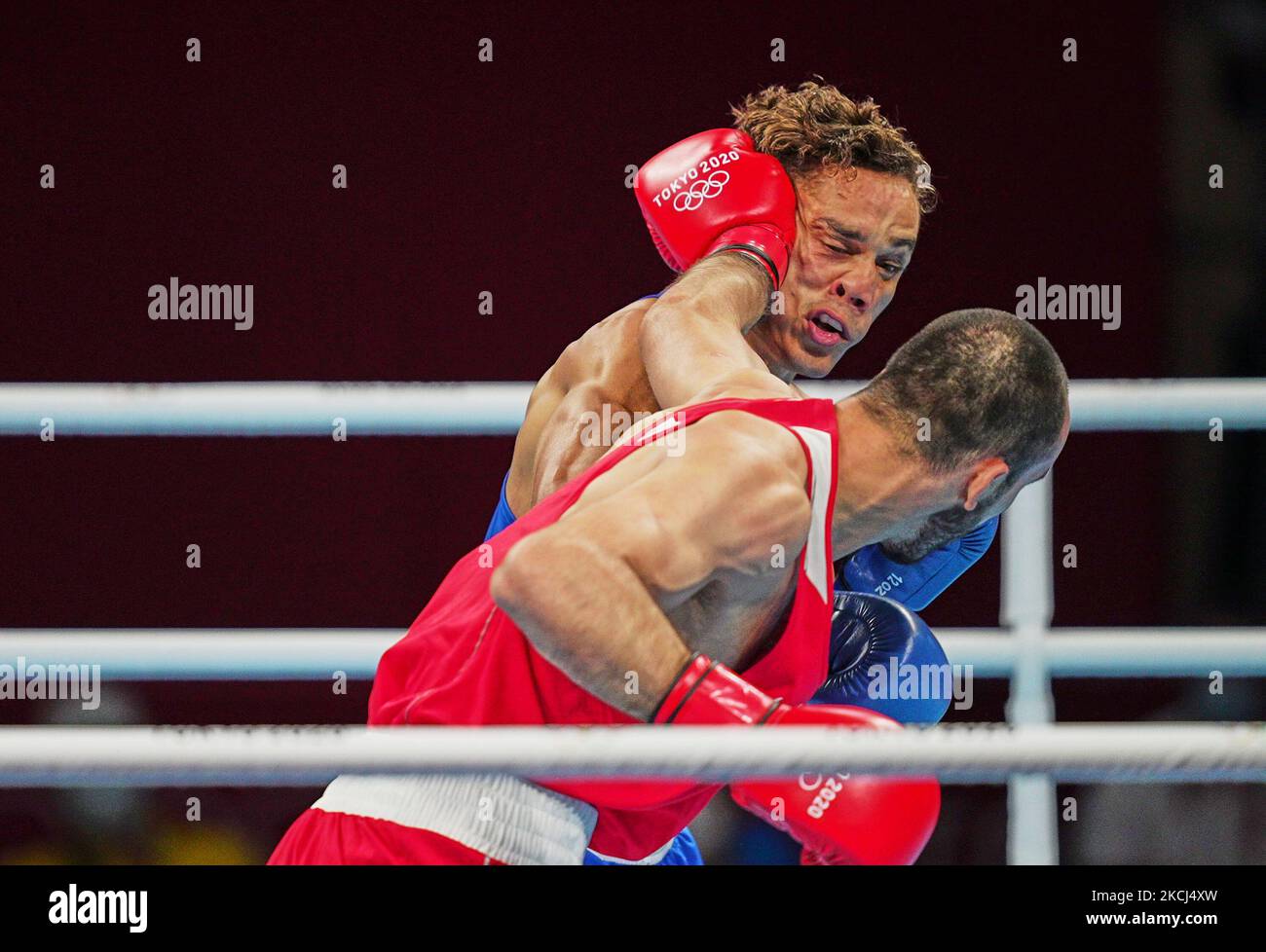 Musulman Gadjimagomedov contre David Nyika lors de la boxe aux Jeux Olympiques de Tokyo à l'arène de Kokugikan, Tokyo, Japon sur 3 août 2021. (Photo par Ulrik Pedersen/NurPhoto) Banque D'Images