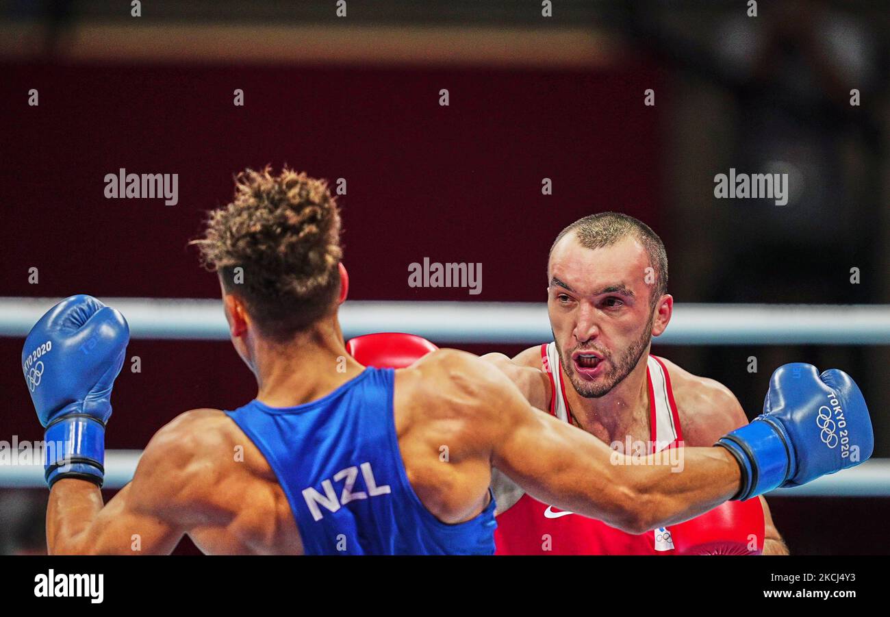 Musulman Gadjimagomedov contre David Nyika lors de la boxe aux Jeux Olympiques de Tokyo à l'arène de Kokugikan, Tokyo, Japon sur 3 août 2021. (Photo par Ulrik Pedersen/NurPhoto) Banque D'Images