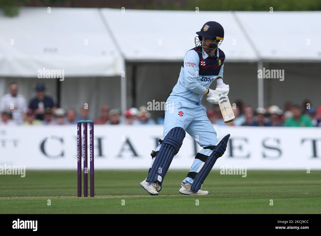 Graham Clark, de Durham chauves-souris, lors du match de la Royal London One Day Cup entre le Durham County Cricket Club et le Lancashire à Roseworth Terrace, Newcastle upon Tyne, le jeudi 5th août 2021. (Photo de will Matthews/MI News/NurPhoto) Banque D'Images