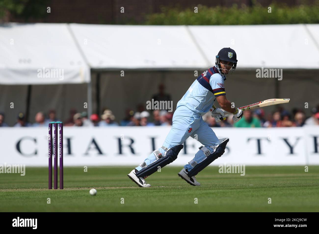 David Bedingham de Durham chauves-souris lors du match de la coupe d'une journée du Royal London entre le Durham County Cricket Club et le Lancashire à Roseworth Terrace, Newcastle upon Tyne, le jeudi 5th août 2021. (Photo de will Matthews/MI News/NurPhoto) Banque D'Images