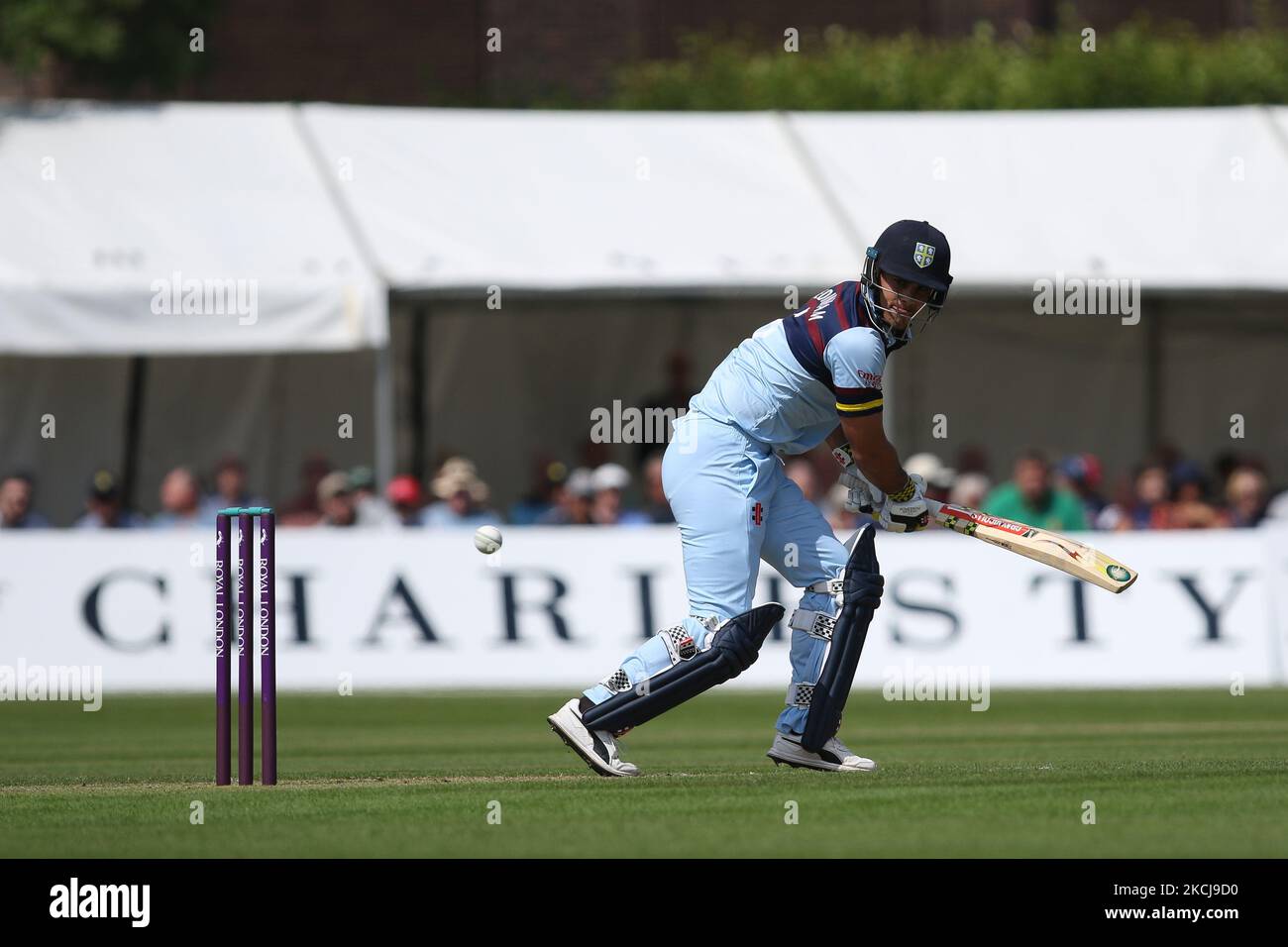 David Bedingham de Durham chauves-souris lors du match de la coupe d'une journée du Royal London entre le Durham County Cricket Club et le Lancashire à Roseworth Terrace, Newcastle upon Tyne, le jeudi 5th août 2021. (Photo de will Matthews/MI News/NurPhoto) Banque D'Images