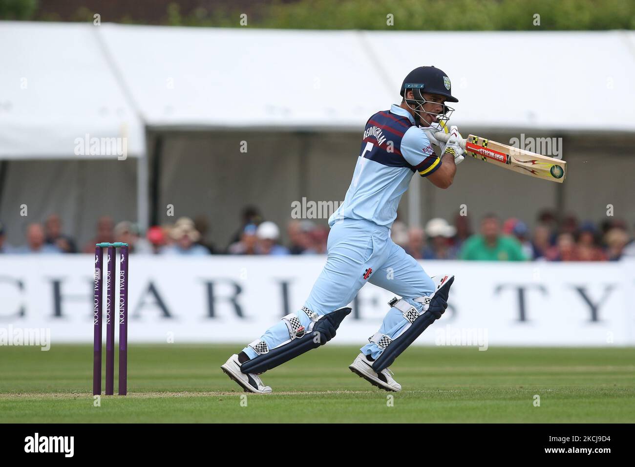 David Bedingham de Durham chauves-souris lors du match de la coupe d'une journée du Royal London entre le Durham County Cricket Club et le Lancashire à Roseworth Terrace, Newcastle upon Tyne, le jeudi 5th août 2021. (Photo de will Matthews/MI News/NurPhoto) Banque D'Images