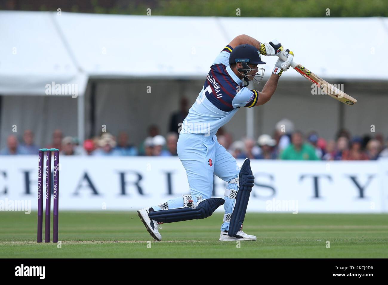 David Bedingham de Durham chauves-souris lors du match de la coupe d'une journée du Royal London entre le Durham County Cricket Club et le Lancashire à Roseworth Terrace, Newcastle upon Tyne, le jeudi 5th août 2021. (Photo de will Matthews/MI News/NurPhoto) Banque D'Images