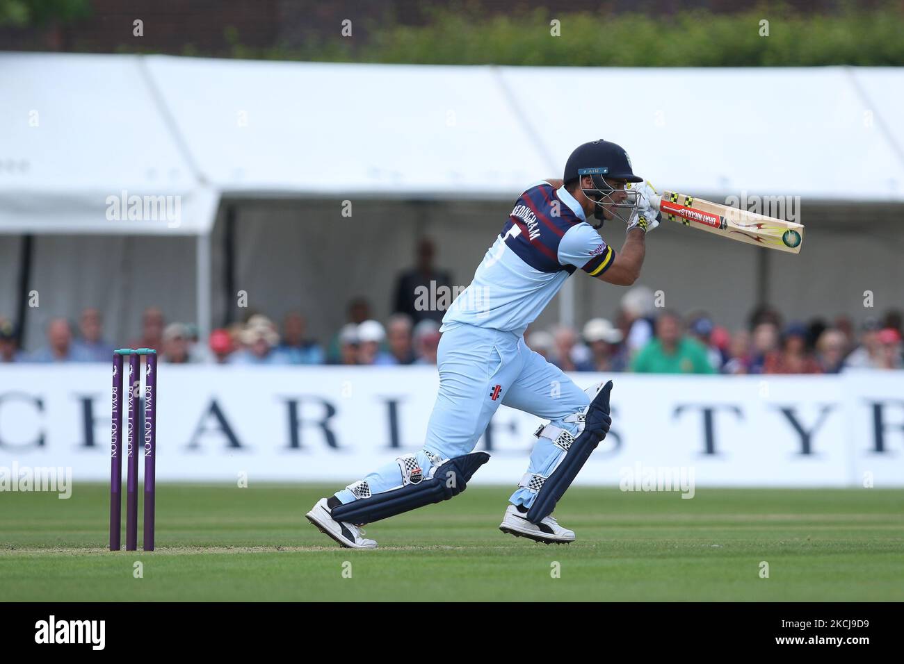 David Bedingham de Durham chauves-souris lors du match de la coupe d'une journée du Royal London entre le Durham County Cricket Club et le Lancashire à Roseworth Terrace, Newcastle upon Tyne, le jeudi 5th août 2021. (Photo de will Matthews/MI News/NurPhoto) Banque D'Images
