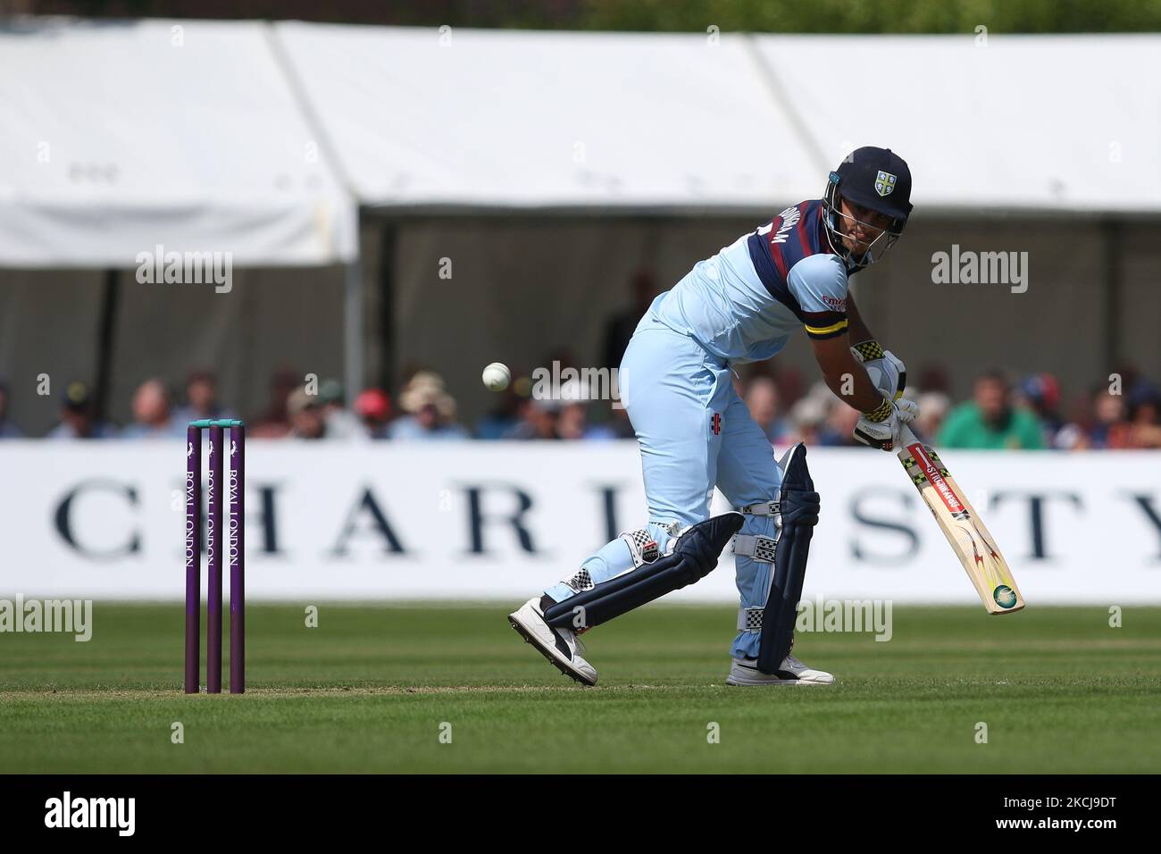 David Bedingham de Durham chauves-souris lors du match de la coupe d'une journée du Royal London entre le Durham County Cricket Club et le Lancashire à Roseworth Terrace, Newcastle upon Tyne, le jeudi 5th août 2021. (Photo de will Matthews/MI News/NurPhoto) Banque D'Images