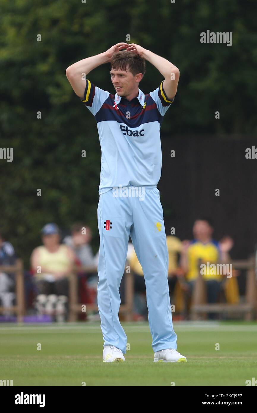 Matt Salisbury, de Durham, réagit lors du match de la Royal London One Day Cup entre le Durham County Cricket Club et le Lancashire à Roseworth Terrace, Newcastle upon Tyne, le jeudi 5th août 2021. (Photo de will Matthews/MI News/NurPhoto) Banque D'Images