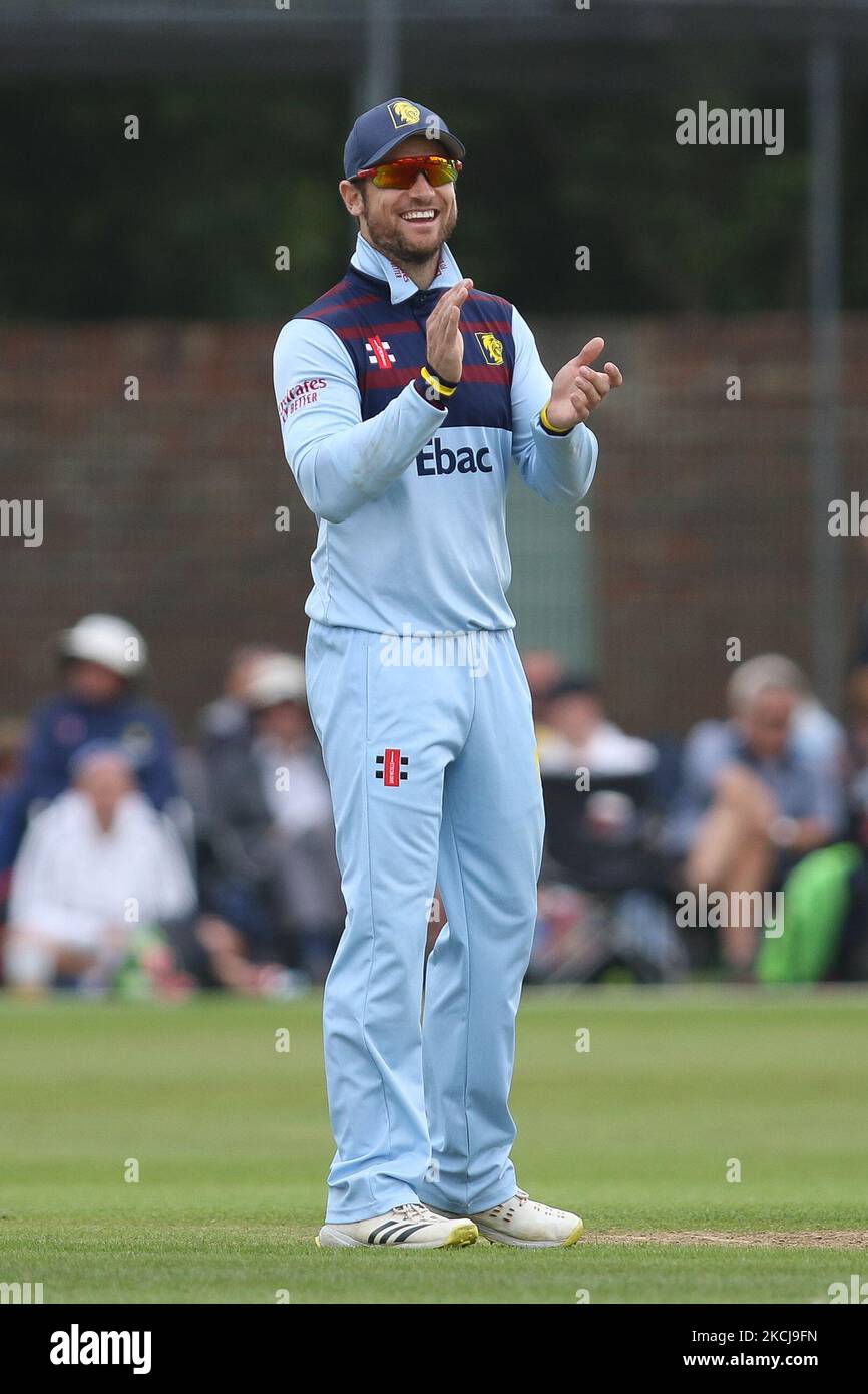 Sean Dickson, de Durham, sourit lors du match de la Royal London One Day Cup entre le Durham County Cricket Club et le Lancashire à Roseworth Terrace, Newcastle upon Tyne, le jeudi 5th août 2021. (Photo de will Matthews/MI News/NurPhoto) Banque D'Images