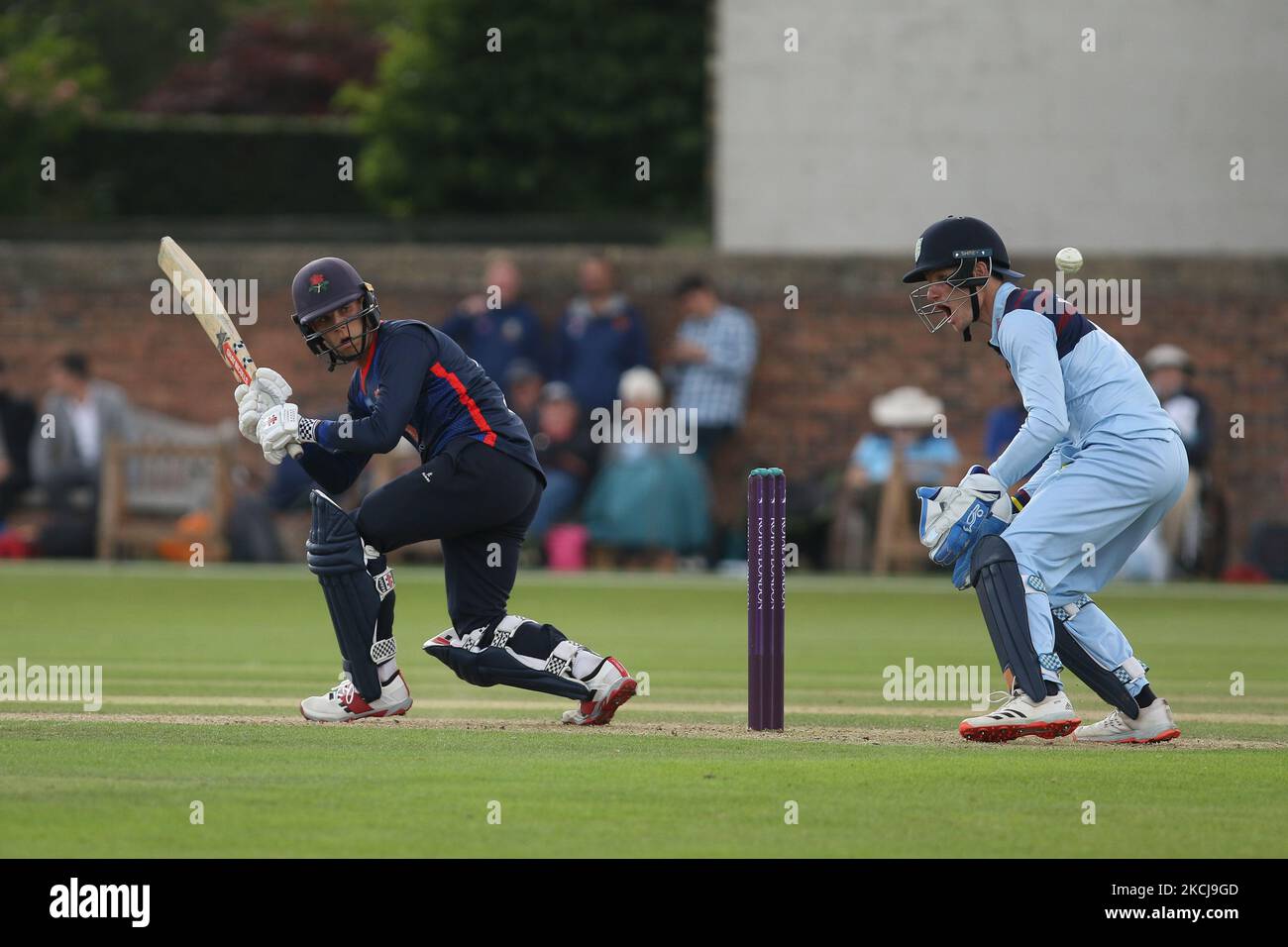 George Lavelle de Lancashire chauves-souris lors du match de la coupe d'une journée du Royal London entre le Durham County Cricket Club et le Lancashire à Roseworth Terrace, Newcastle upon Tyne, le jeudi 5th août 2021. (Photo de will Matthews/MI News/NurPhoto) Banque D'Images