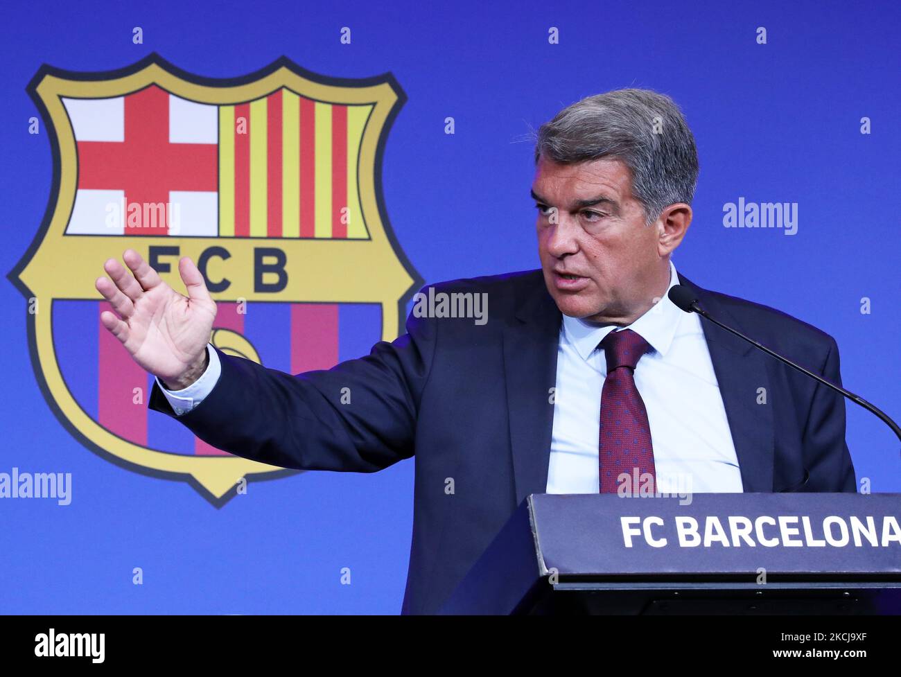 Le président du FC Barcelone lors d'une conférence de presse pour expliquer les  raisons du départ de Leo Messi du FC Barcelone, le 06th août 2021, à  Barcelone, en Espagne. -- (photo