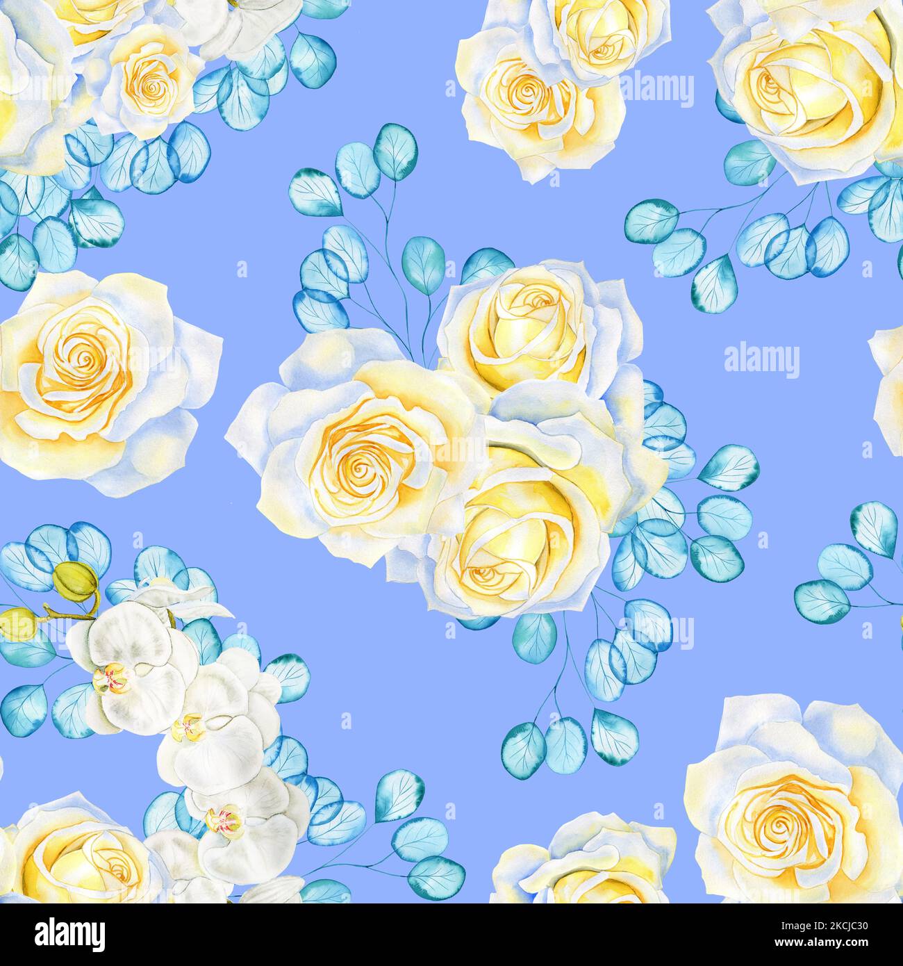 Fleurs blanches et branches d'eucalyptus turquoise transparent motif aquarelle sans couture. Fleurs roses et orchidées fond sans fin pour le tissu et Banque D'Images