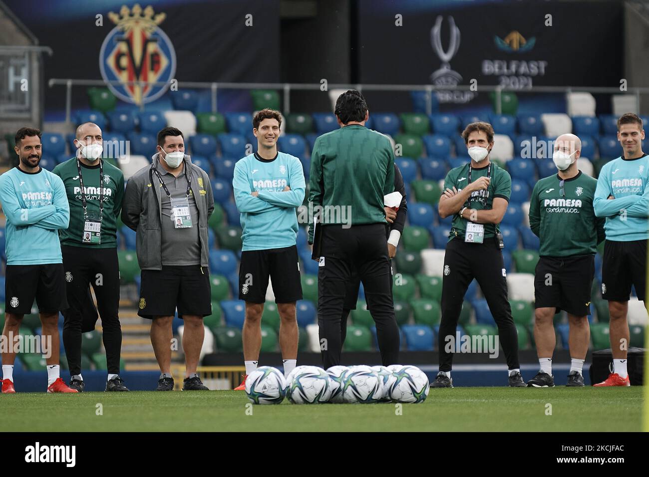 Joueurs pendant la séance d'entraînement de Villarreal CF Super Cup 2021 de l'UEFA sur 10 août 2021 à Belfast, en Irlande du Nord. (Photo de Jose Breton/Pics action/NurPhoto) Banque D'Images