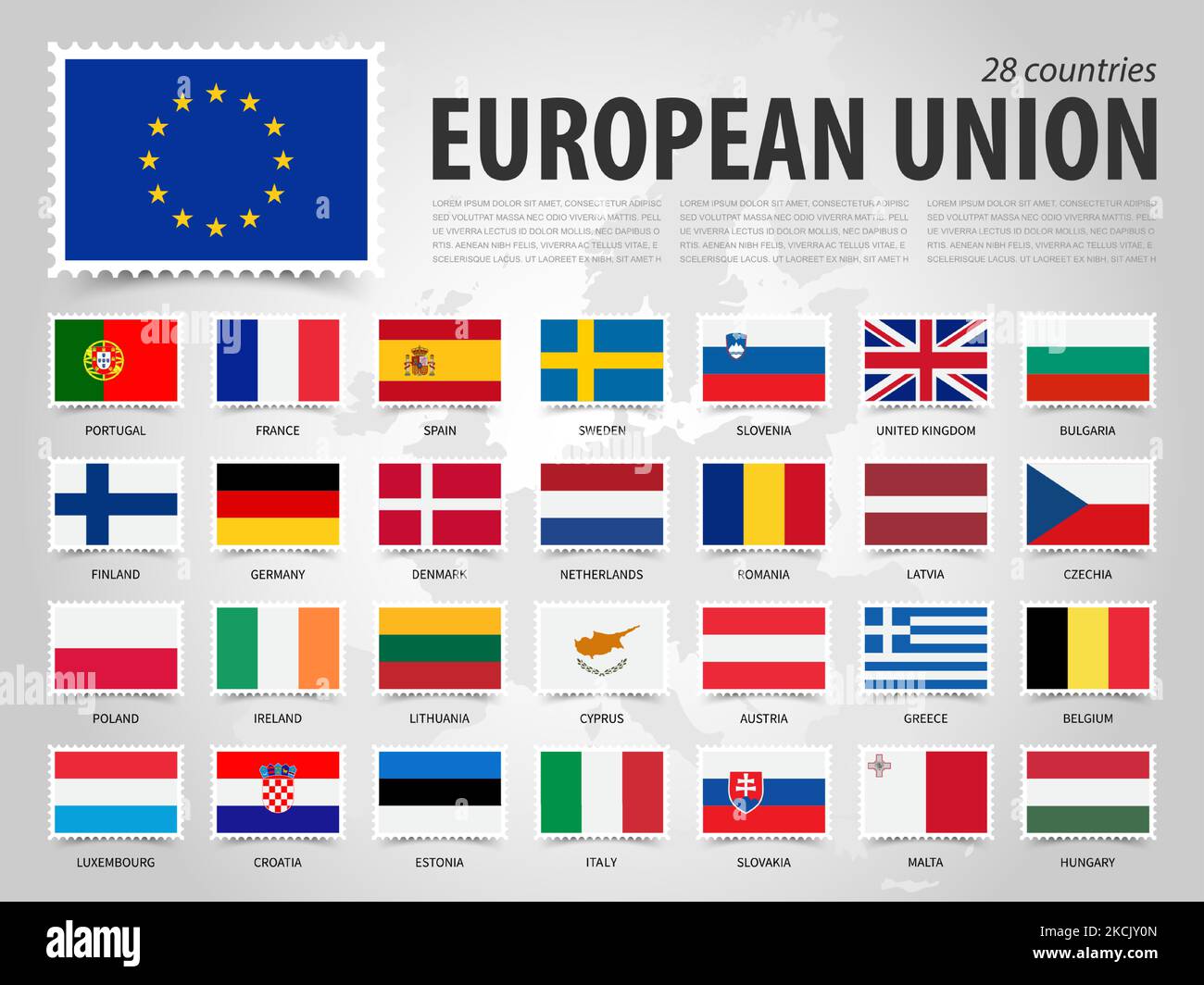 Union européenne . UE . Et drapeau de pays d'adhésion avec carte europe . Motif de timbre plat rectangulaire . Vecteur d'élément . Illustration de Vecteur