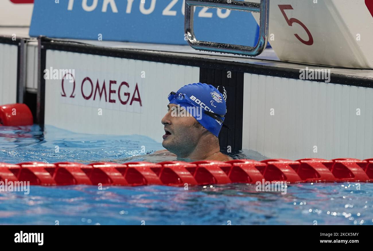 Francesco Bocciardo, d'Italie, a gagné l'or lors de la natation au Tokyo Paraolympics, centre aquatique de Tokyo, Tokyo, Japon sur 25 août 2021. (Photo par Ulrik Pedersen/NurPhoto) Banque D'Images