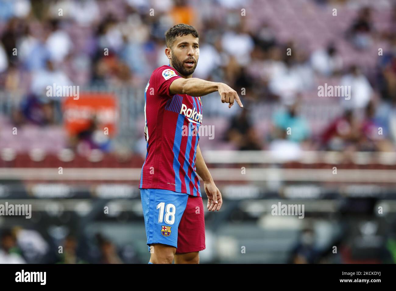 18 Jordi Alba du FC Barcelone pendant le match de la Liga Santader entre le FC Barcelone et Getafe CF au stade Camp Nou sur 29 août 2021 à Barcelone. (Photo par Xavier Bonilla/NurPhoto) Banque D'Images