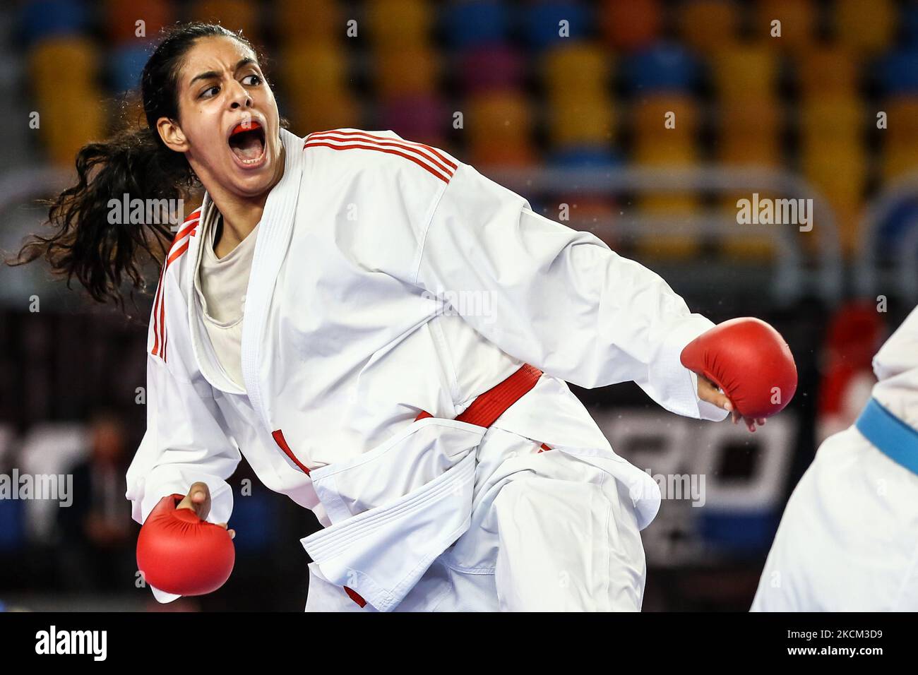 SOHILA ABOUISMAIL (Rouge) de Team Egypt au Karate Kumite de femme 68+ KG pendant la deuxième journée de Carate1 Premier League - le Caire 2021 au Crystal Hall sur 3 septembre 2021 au Caire, Egypte (photo par Ayman Aref/NurPhoto) Banque D'Images