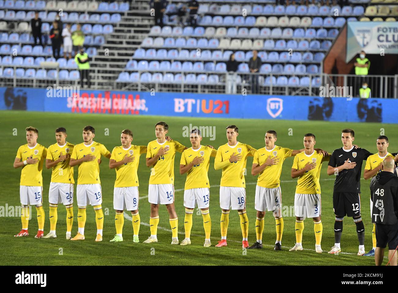 Mihai Popa, Valentin Ticu, Bogdan Racovitan, Vladimir Sreciu, Dragos Albu, Antonio Sefer, Victor DICAN, Claudiu Petrila, David Miculescu, Ianis Stoica, Alexandru Tirlea en action lors du match international amical de U21 entre la Roumanie U21 et la Géorgie U21 au stade Ilie Oana sur 7 septembre 2021 à Ploiesti, Roumanie. (Photo par Alex Nicodim/NurPhoto) Banque D'Images