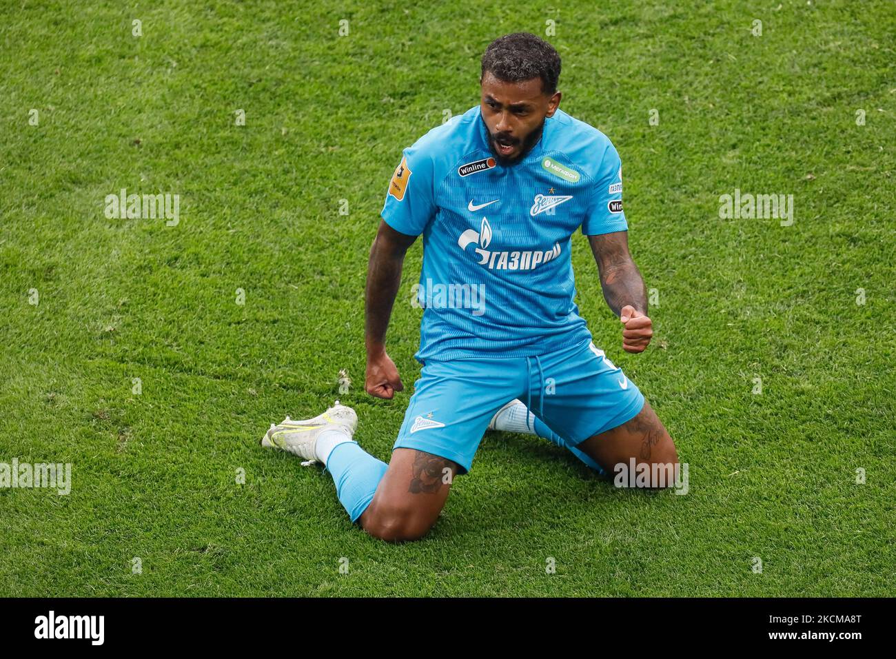 Wendel de Zenit célèbre son but lors du match de la première Ligue russe entre le FC Zenit Saint-Pétersbourg et le FC Akhmat Grozny sur 11 septembre 2021 à l'arène Gazprom à Saint-Pétersbourg, en Russie. (Photo de Mike Kireev/NurPhoto) Banque D'Images