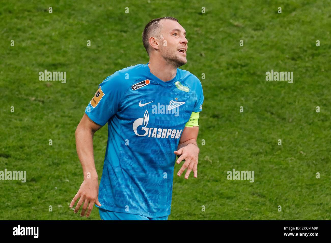 Artem Dzyuba de Zenit réagit lors du match de la première Ligue russe entre le FC Zenit Saint-Pétersbourg et le FC Akhmat Grozny sur 11 septembre 2021 à l'arène Gazprom à Saint-Pétersbourg, en Russie. (Photo de Mike Kireev/NurPhoto) Banque D'Images