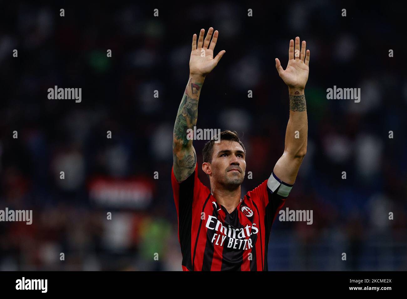 Alessio Romagnoli (AC Milan) célèbre après la victoire pendant le football italien série A match AC Milan vs SS Lazio sur 12 septembre 2021 au stade San Siro à Milan, Italie (photo de Francesco Scaccianoce/LiveMedia/NurPhoto) Banque D'Images