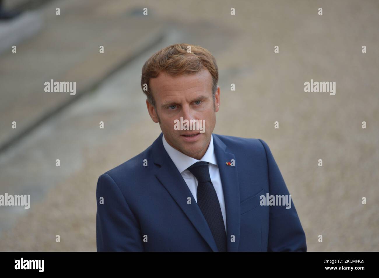 Le président français Emmanuel Macron accueille la chancelière allemande Angela Merkel pour une réunion et un dîner de travail au Palais présidentiel de l'Elysée - 16 septembre 2021, Paris (photo de Daniel Pier/NurPhoto) Banque D'Images