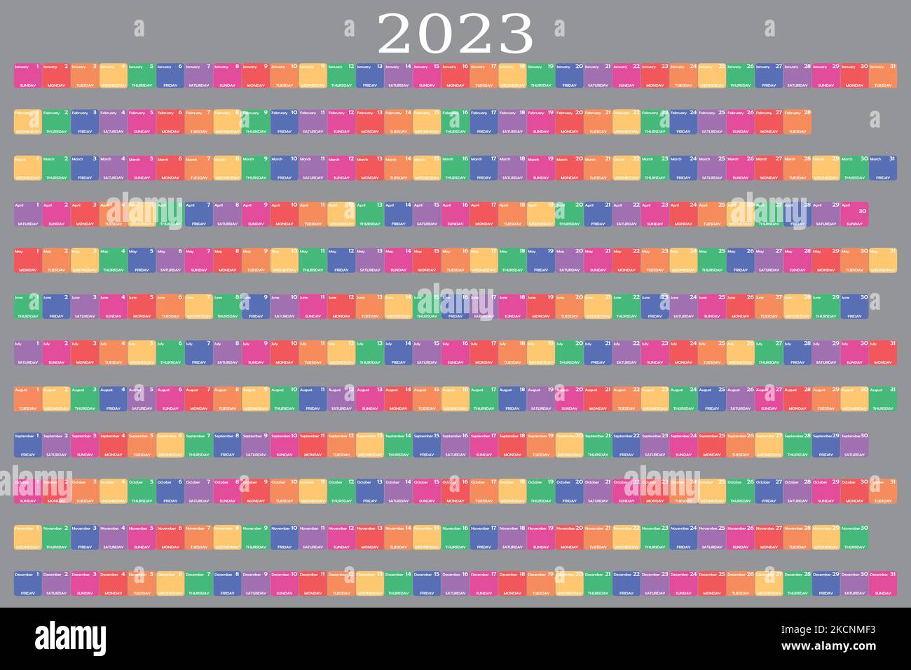 Calendrier annuel 2023 couleur jour de la semaine grand espace modifiable Illustration de Vecteur