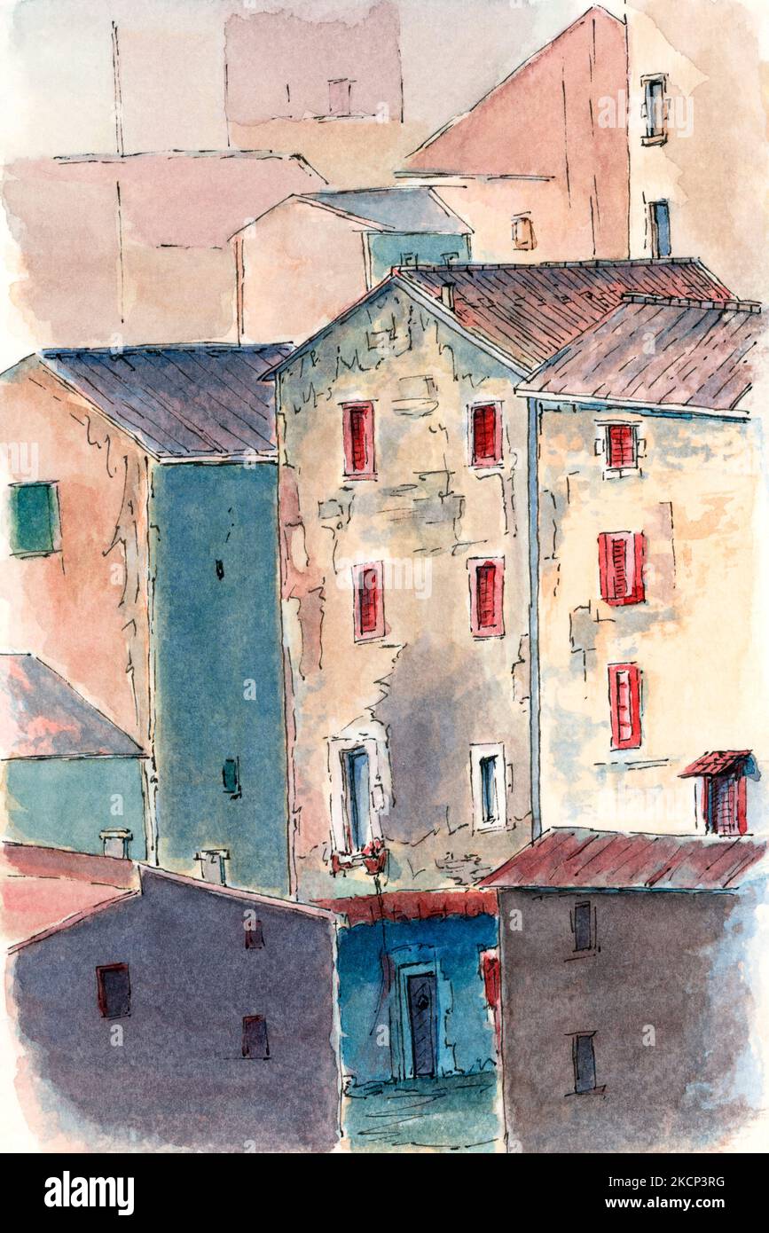 Architecture de style ancien. Encre et aquarelle sur papier. Banque D'Images