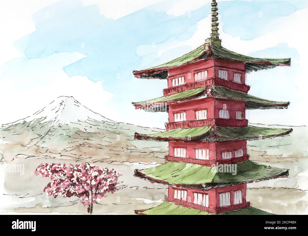 Architecture japonaise traditionnelle. Encre et aquarelle sur papier. Banque D'Images
