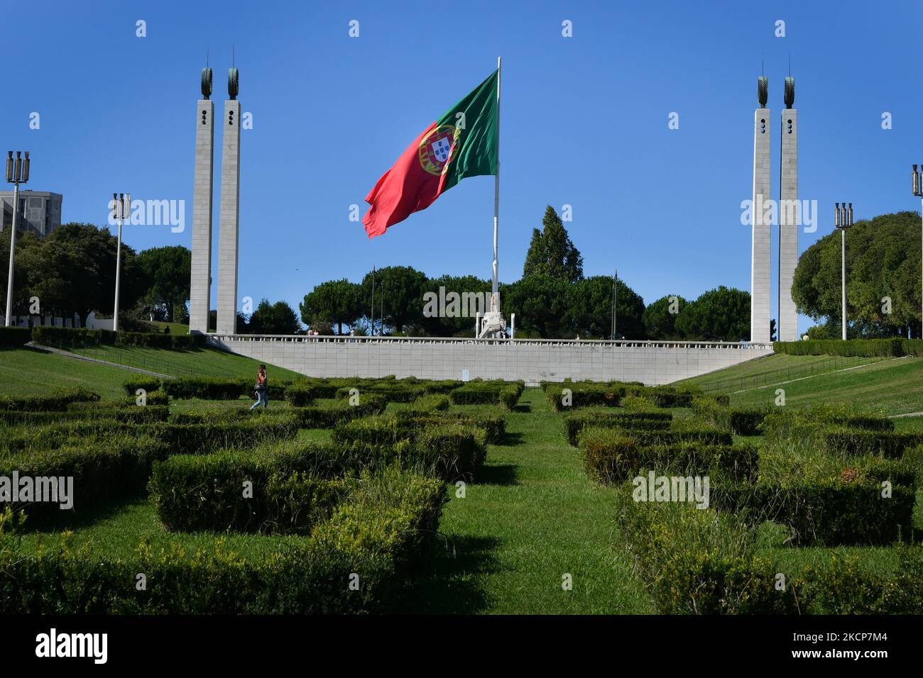 Vue générale sur les jardins du parc Eduardo VII, Lisbonne. 07 octobre 2021. Le Portugal a environ neuf millions de personnes vaccinées avec au moins une dose du vaccin Covid-19, ce qui correspond à 87% de la population, selon le rapport de vaccination de la Direction générale de la santé (DG). (Photo par Jorge Mantilla/NurPhoto) Banque D'Images